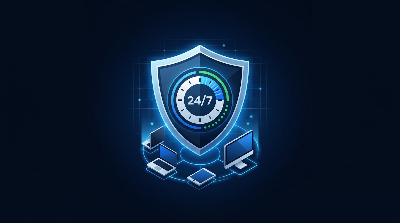 24/7 protection for small businesses with security shield, uptime clock, and small office devices 24/7 protection for small businesses with security shield, uptime clock, and small office devices