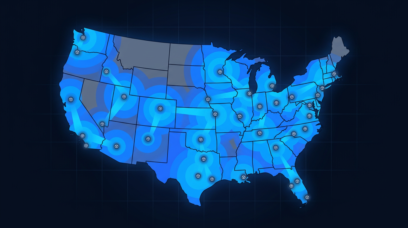 US map heatmap of multi-node 3PL network showing 2-day ground shipping coverage for Shopify fulfillment