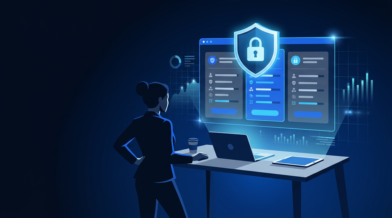 Small business owner comparing 2026 cyber insurance quotes with shield and lock overlay