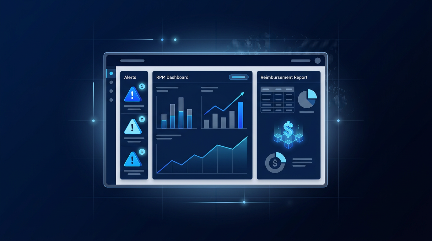 EHR RPM monitoring panel showing blood pressure trends, alerts, and billing status — best EHR for telehealth and remote patie EHR RPM monitoring panel showing blood pressure trends, alerts, and billing status — best EHR for telehealth and remote patie