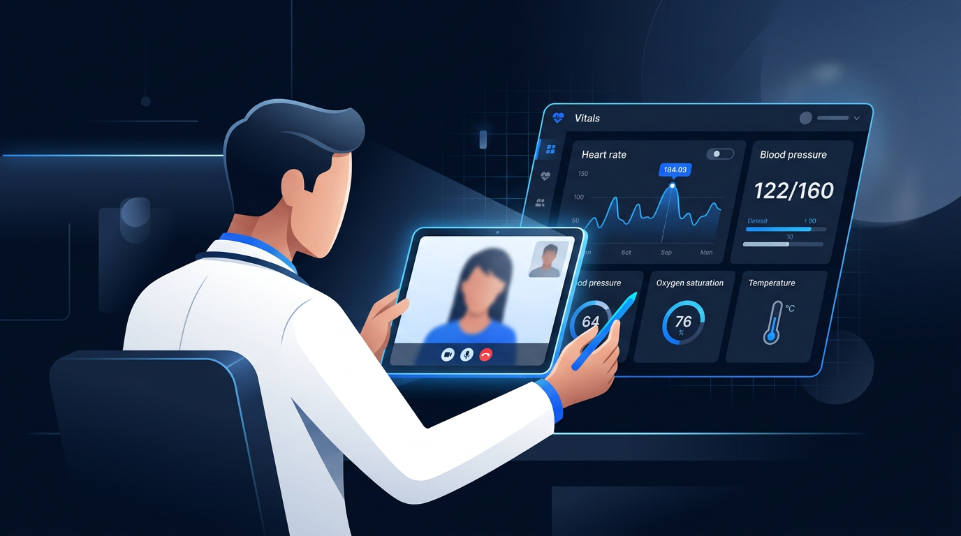 Doctor on telemedicine call with remote patient monitoring charts and vitals dashboard — best EHR for telehealth and remote p Doctor on telemedicine call with remote patient monitoring charts and vitals dashboard — best EHR for telehealth and remote p