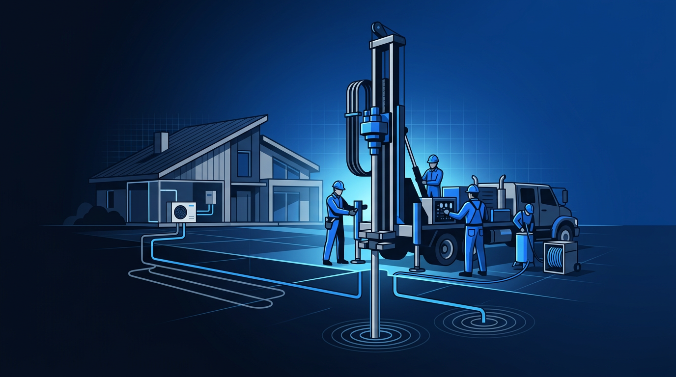 Professional crew of geothermal heat pump installers setting up a vertical loop drilling rig at a residential site Professional crew of geothermal heat pump installers setting up a vertical loop drilling rig at a residential site
