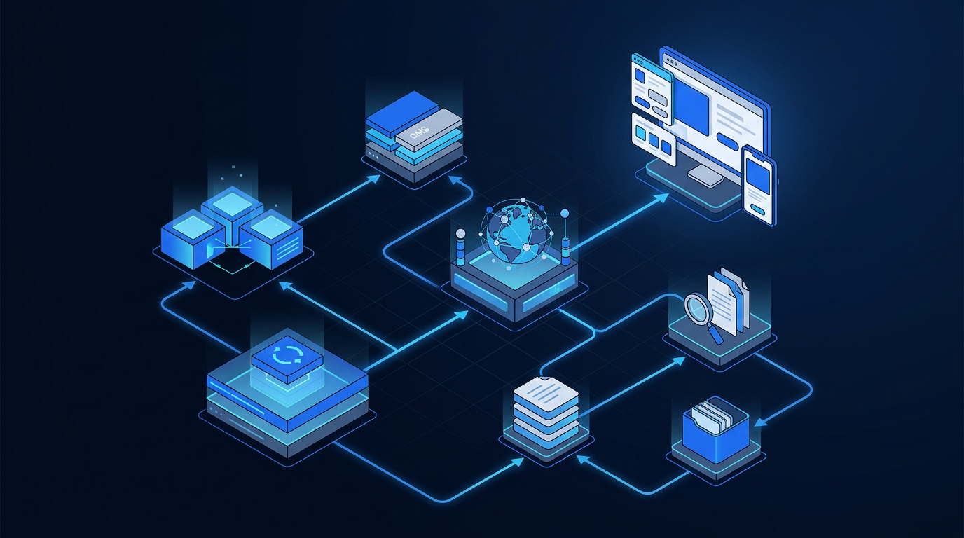 Headless Shopify enterprise architecture flow diagram with storefront, CDN, Shopify core, CMS, search, and DAM