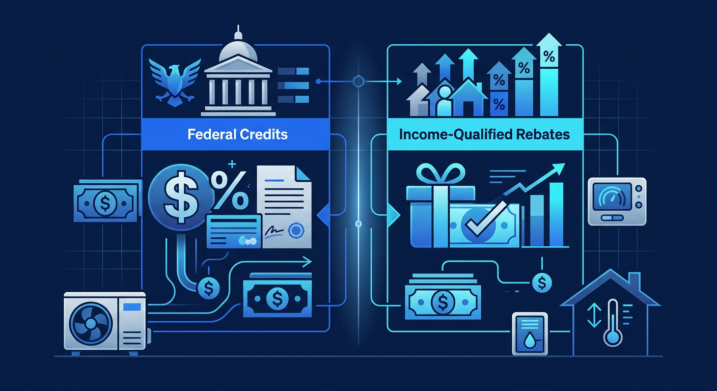 Chart comparing 2026 federal heat pump tax credits vs income-qualified rebates with caps and eligibility Chart comparing 2026 federal heat pump tax credits vs income-qualified rebates with caps and eligibility