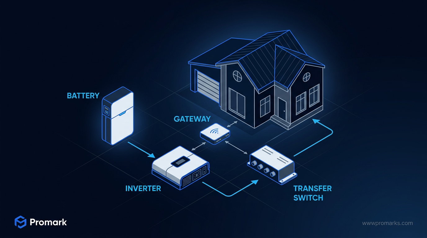 Home battery backup system diagram with labeled battery, inverter, gateway, and transfer switch Home battery backup system diagram with labeled battery, inverter, gateway, and transfer switch