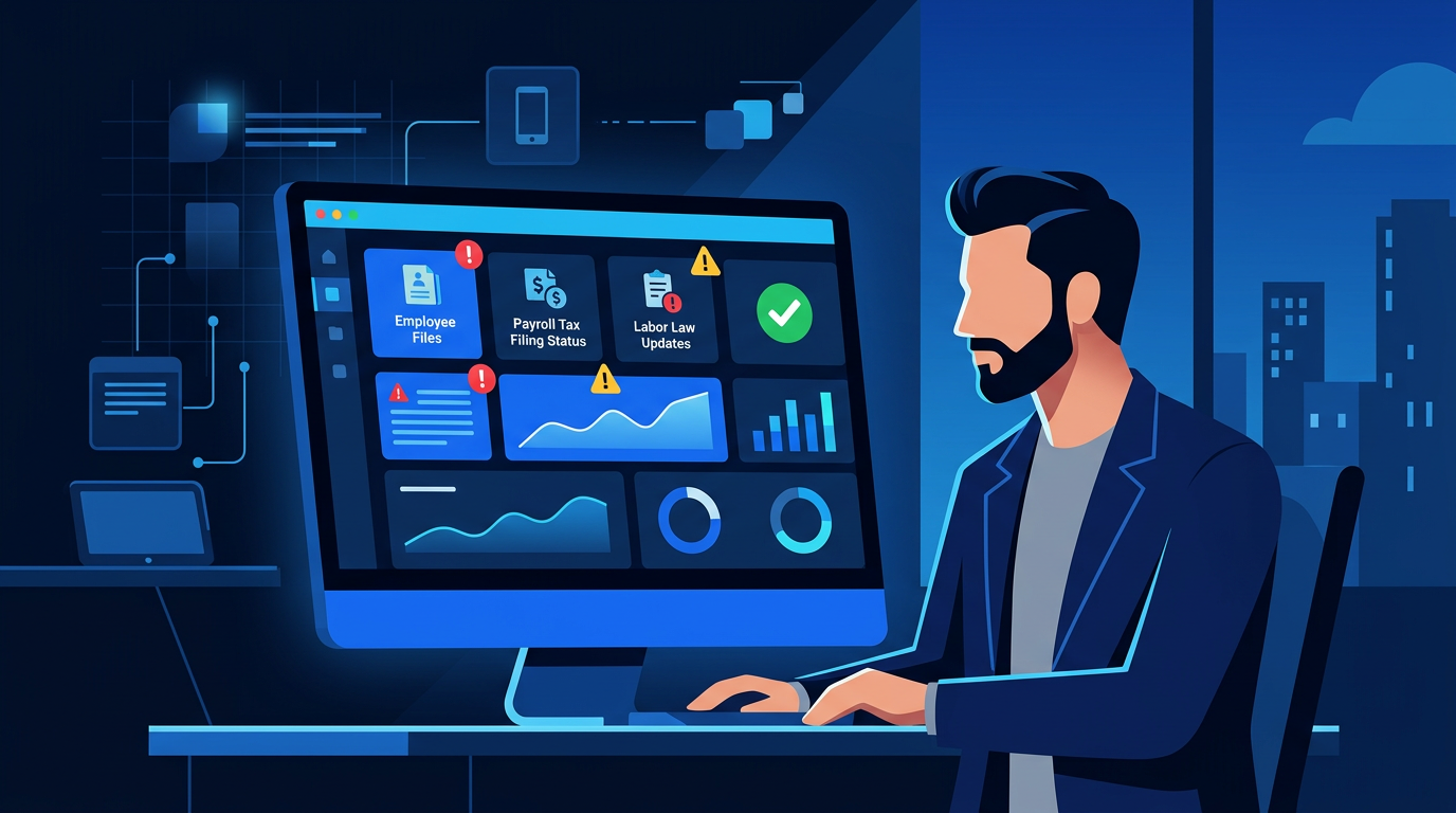 HR compliance software dashboard for small businesses showing tasks, deadlines, alerts, and a risk score for 2026 HR compliance software dashboard for small businesses showing tasks, deadlines, alerts, and a risk score for 2026