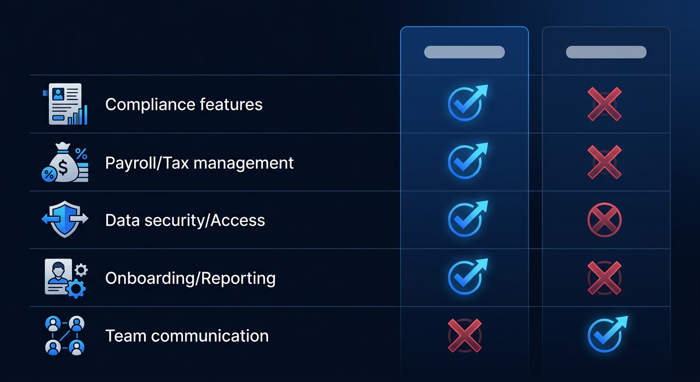Best HR compliance software for small businesses in 2026 comparison chart with side-by-side features, checks, and crosses Best HR compliance software for small businesses in 2026 comparison chart with side-by-side features, checks, and crosses