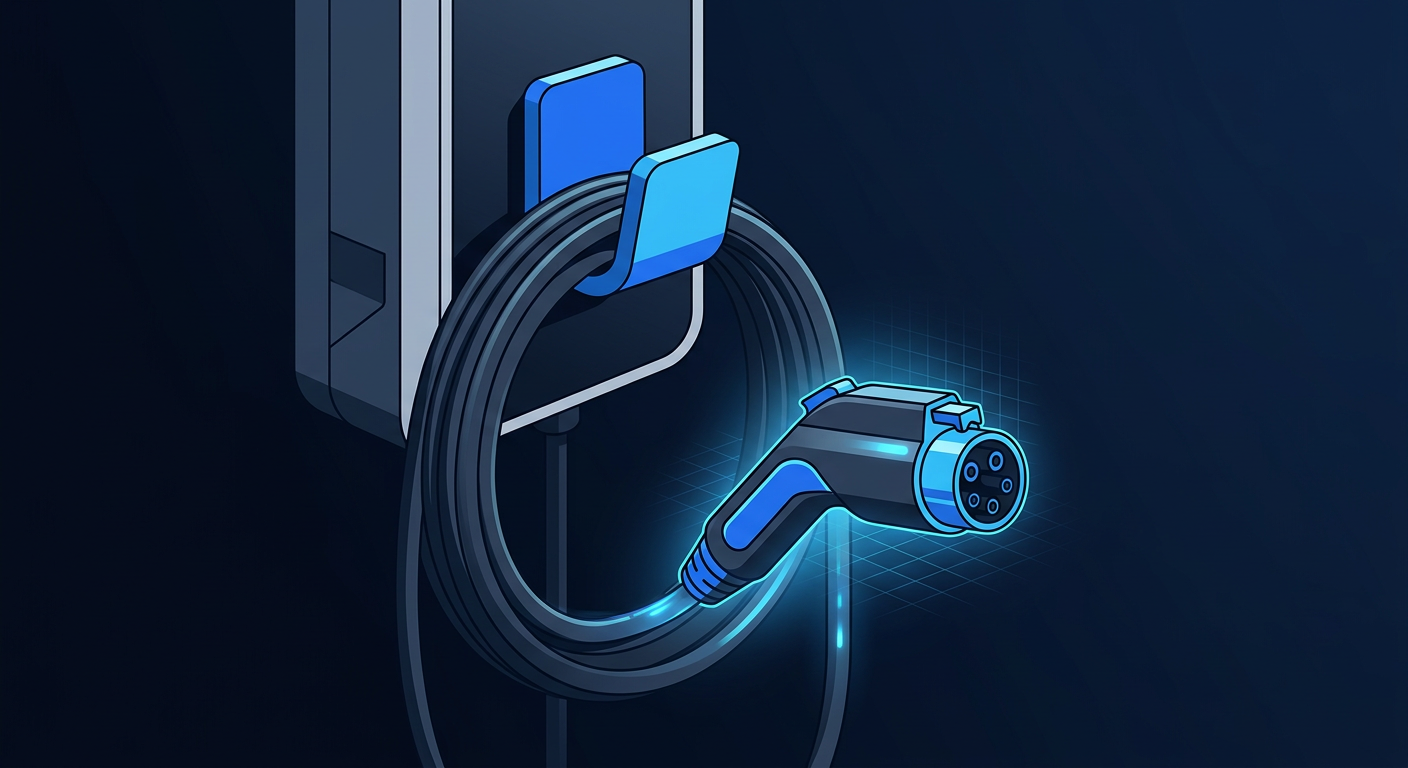 Level 2 home EV charger with J1772 connector and tidy cable management on wall hook Level 2 home EV charger with J1772 connector and tidy cable management on wall hook