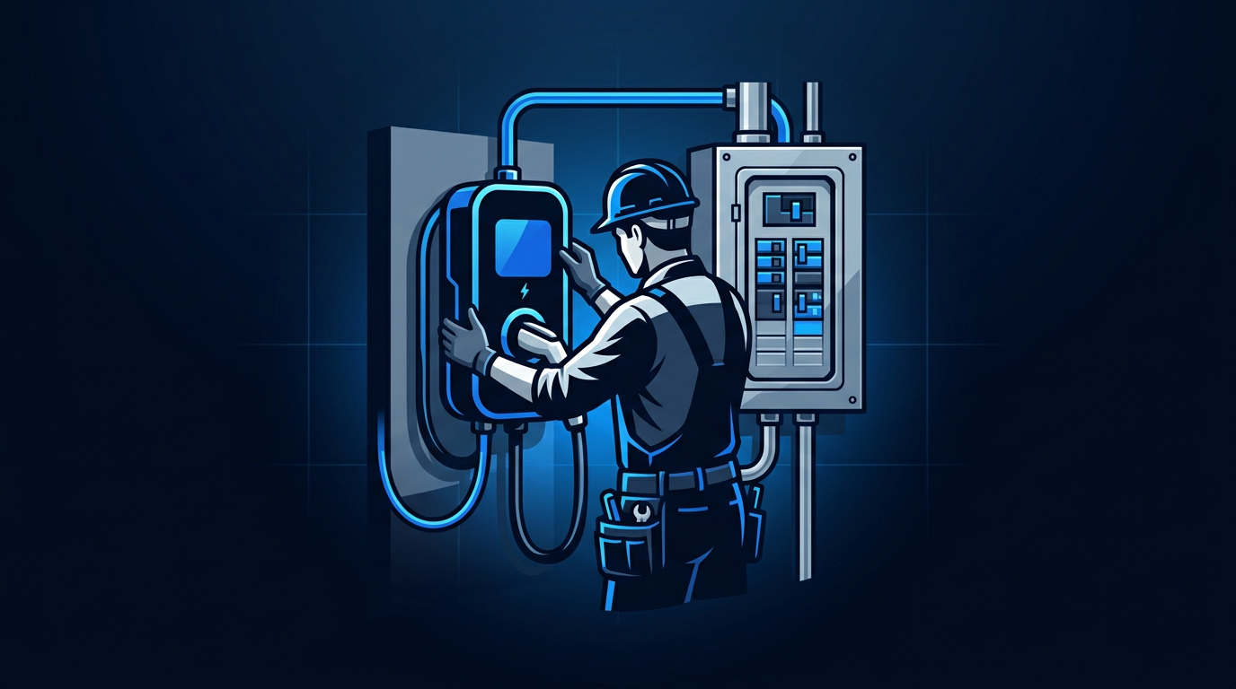 Professional installer setting up a home Level 2 EV charger with permit tag visible Professional installer setting up a home Level 2 EV charger with permit tag visible