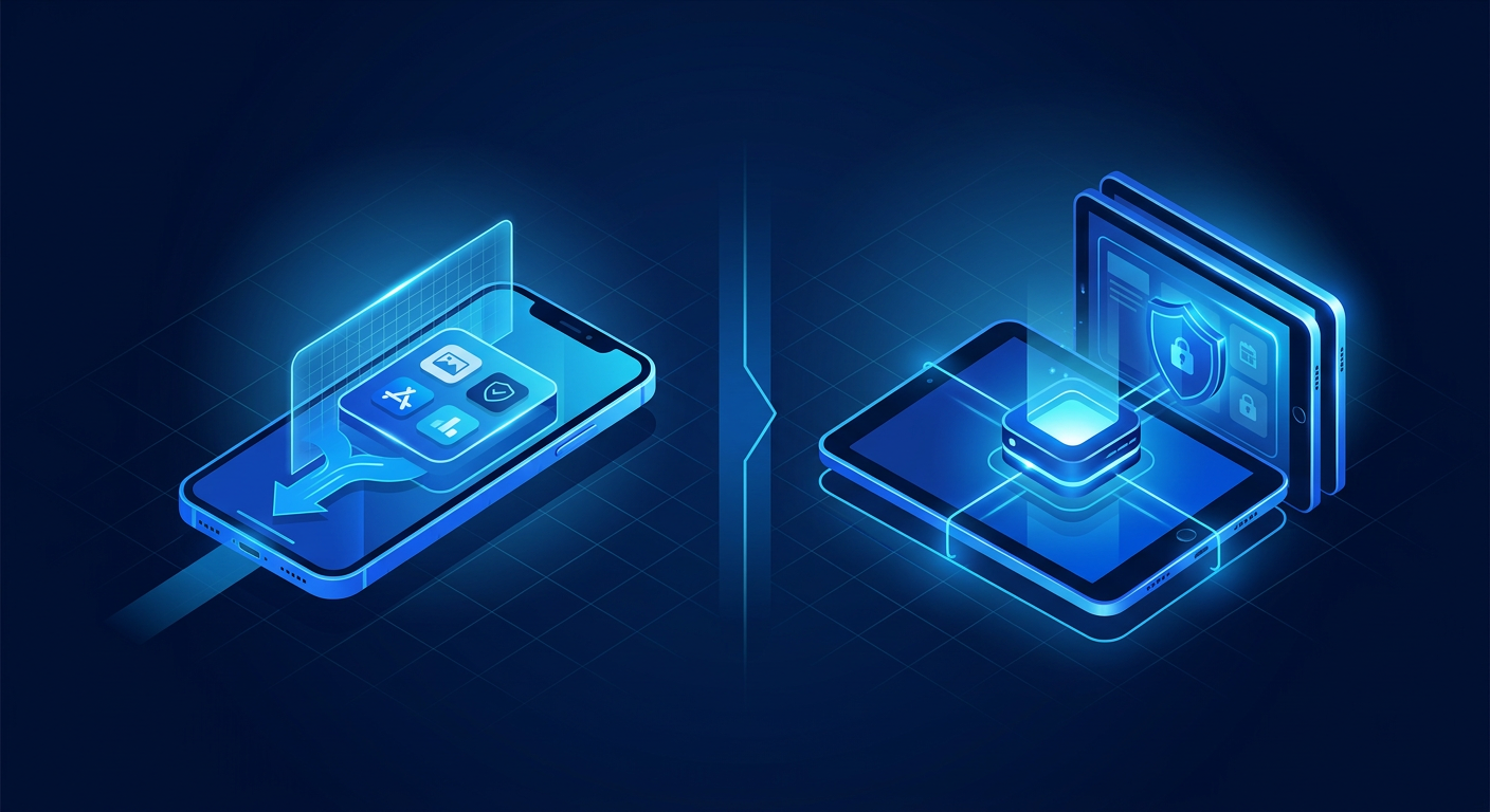 Diagram contrasting bring-your-own-device enrollment with a work container against fully managed corporate-owned device enrollment