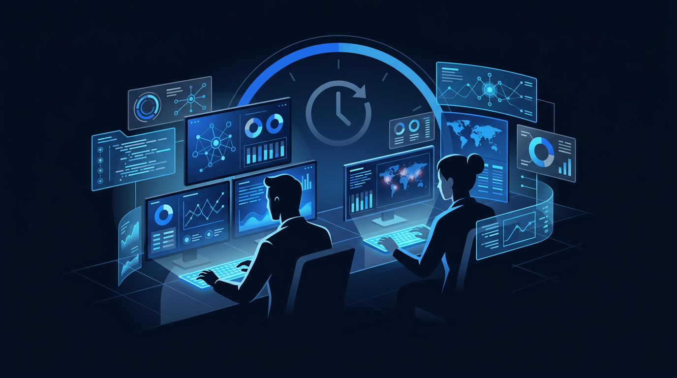 SOC analysts on night shift monitoring multiple threat dashboards for 24/7 MDR small business coverage SOC analysts on night shift monitoring multiple threat dashboards for 24/7 MDR small business coverage