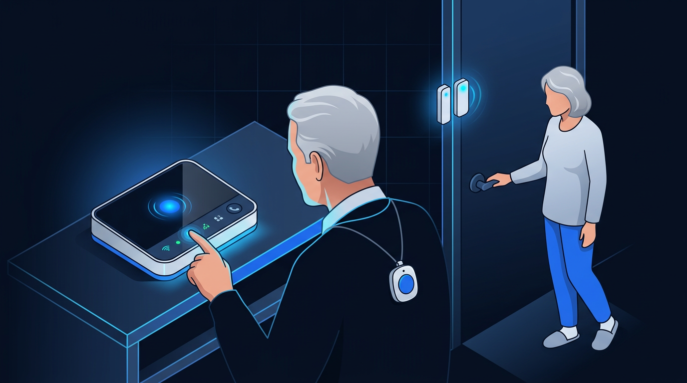 Best medical alert and home security system bundle for seniors with base station, door sensor, and pendant on kitchen counter Best medical alert and home security system bundle for seniors with base station, door sensor, and pendant on kitchen counter