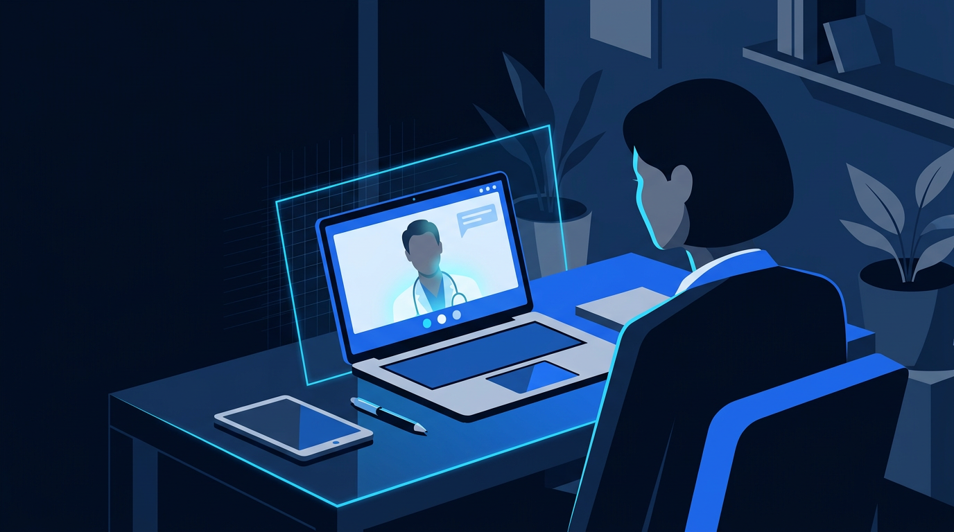Adult telemedicine ADHD consultation with clinician on laptop in a calm home workspace Adult telemedicine ADHD consultation with clinician on laptop in a calm home workspace