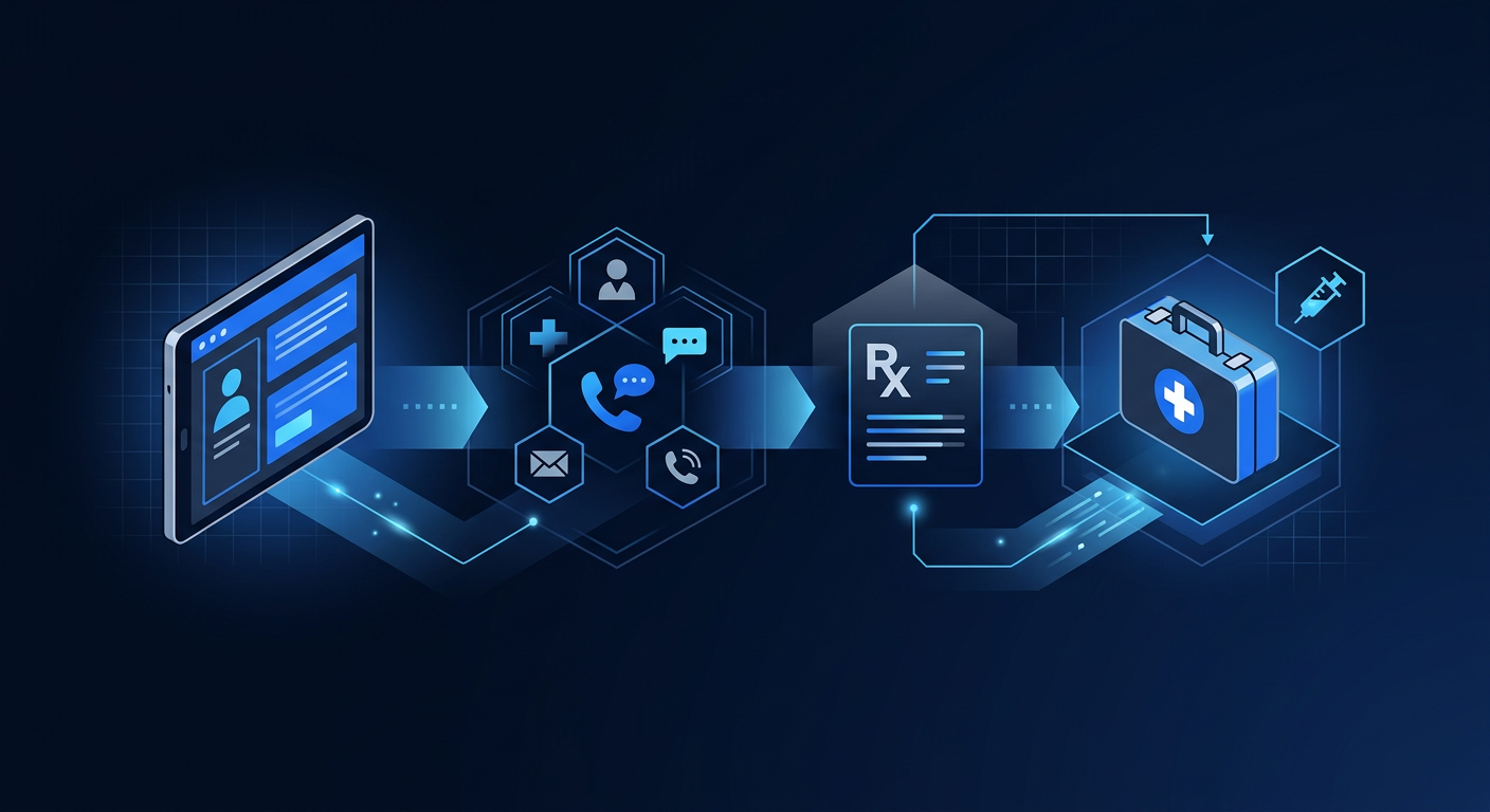 Diagram of online intake, labs, provider review, prescription, and follow-up for telehealth semaglutide Diagram of online intake, labs, provider review, prescription, and follow-up for telehealth semaglutide