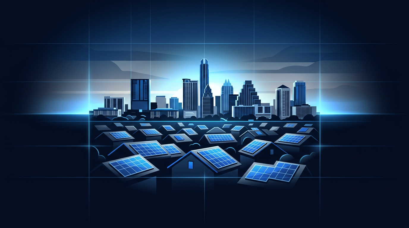 Austin skyline at sunset over residential rooftops with solar panels — best solar installers in Austin 2026 residential revie Austin skyline at sunset over residential rooftops with solar panels — best solar installers in Austin 2026 residential revie