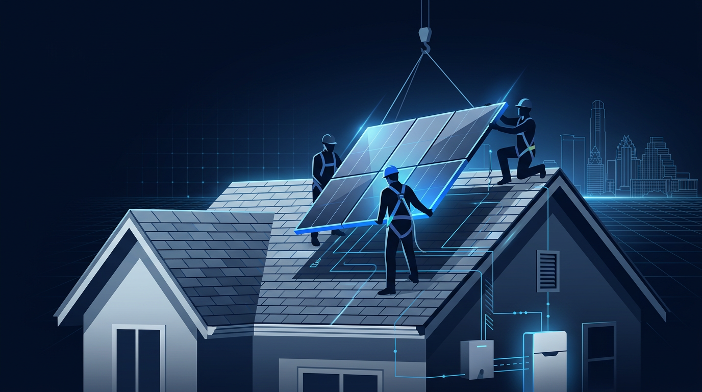 Technicians installing solar panels on an Austin asphalt shingle roof — best solar installers in Austin 2026 residential revi Technicians installing solar panels on an Austin asphalt shingle roof — best solar installers in Austin 2026 residential revi