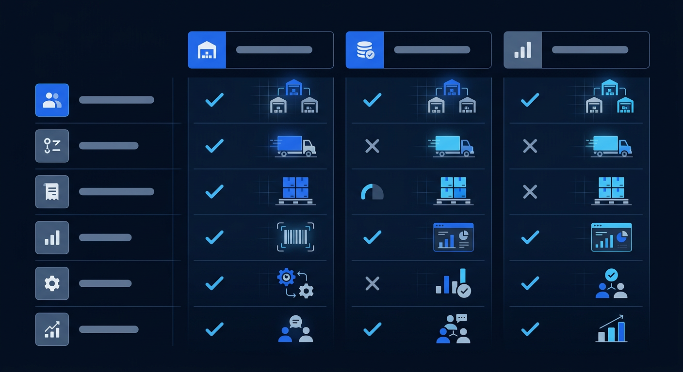 Best WMS software for 3PL warehouses with multi client support comparison chart with checks and crosses