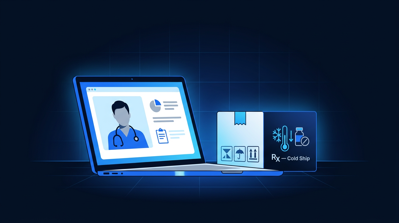 Buy semaglutide online telehealth consultation on laptop with clinician and Rx cold ship home delivery package
