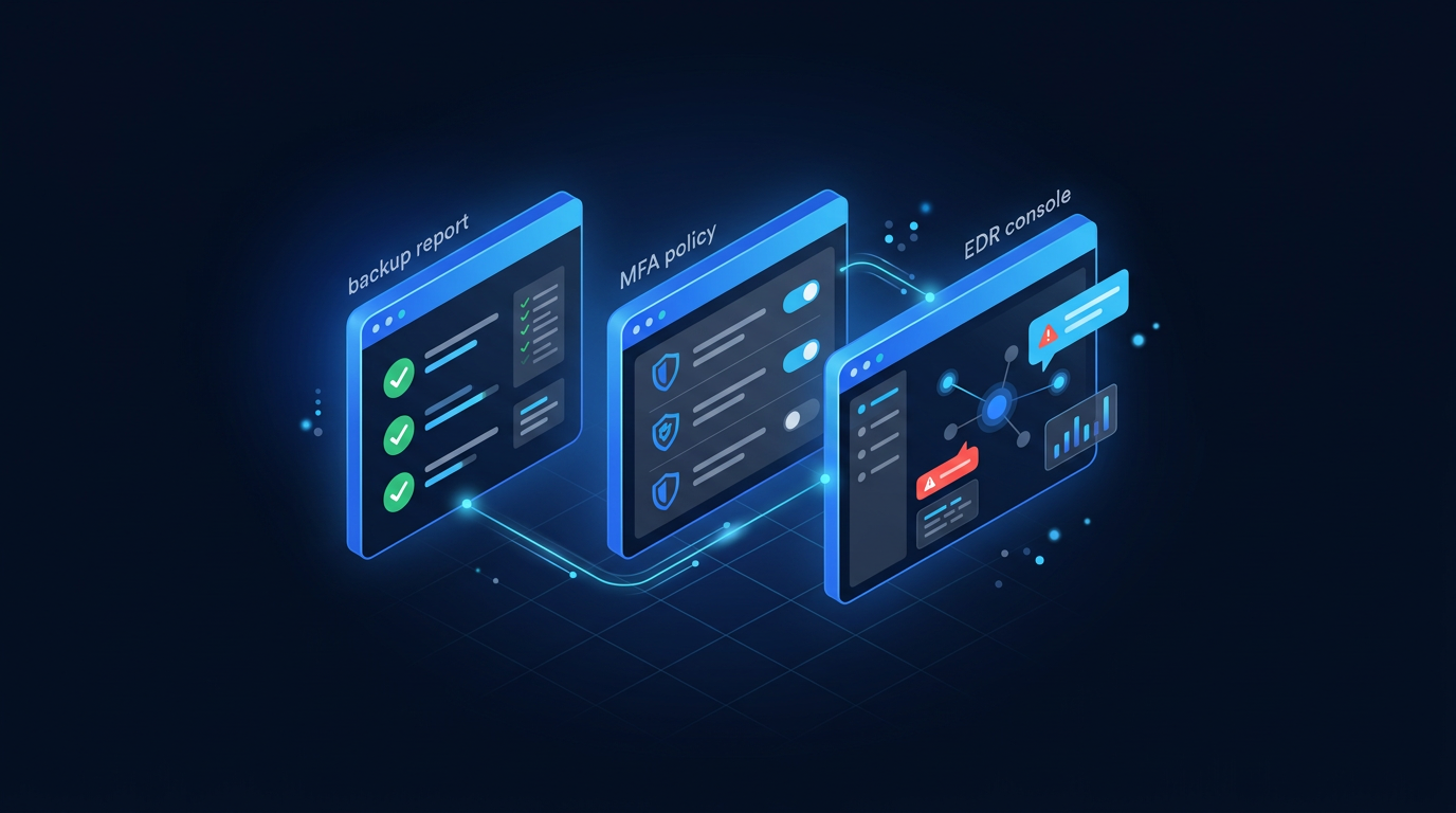 Cyber insurance application evidence examples: backup report, MFA policy, and EDR console annotations