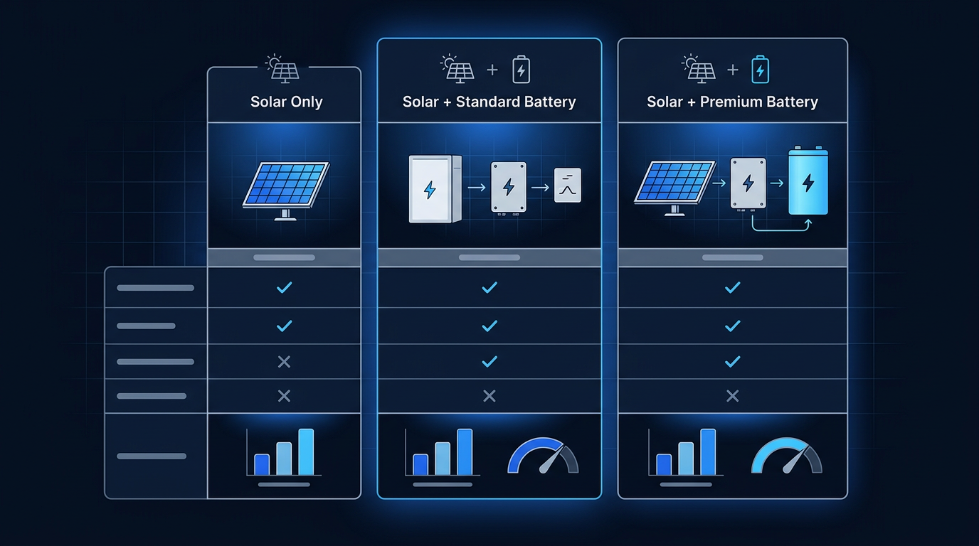 Home solar with battery backup cost breakdown 2026 comparison chart with side-by-side columns and markers