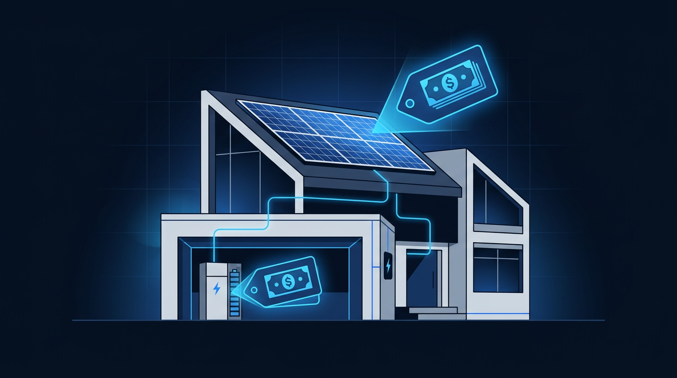 Modern home with rooftop solar panels and a garage battery cabinet, with price tags overlay showing home solar with battery backup costs, 2026