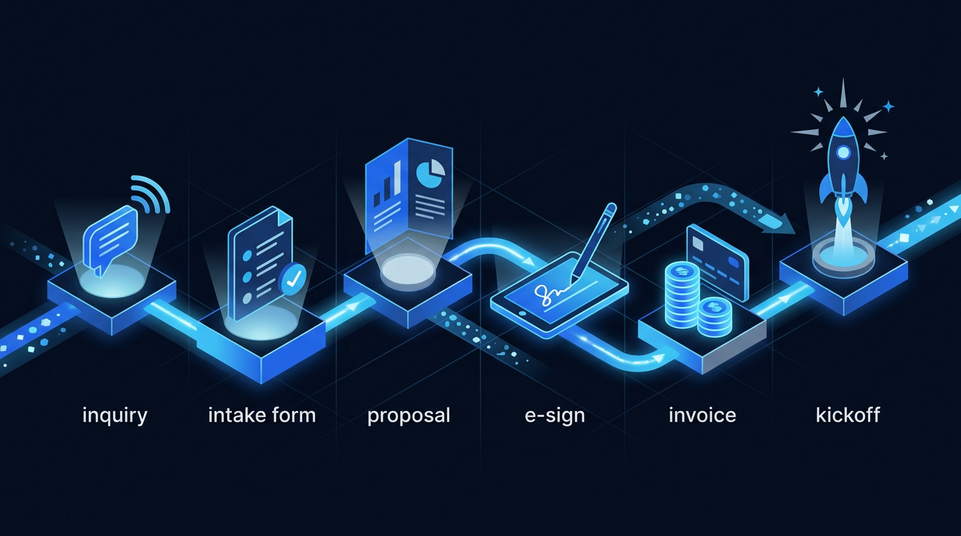 Automated client onboarding pipeline illustration: inquiry to intake form, proposal, e-sign, invoice, and kickoff