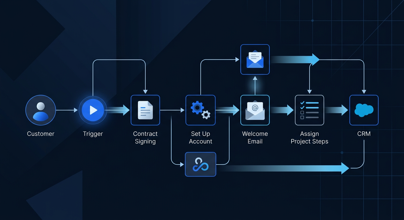 Zapier onboarding workflow diagram showing triggers, filters, and actions for automated client intake