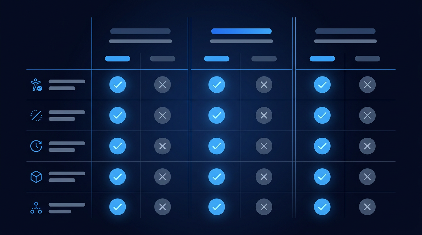 Side-by-side comparison chart of methods for how to make a Shopify store ADA compliant with checks and crosses Side-by-side comparison chart of methods for how to make a Shopify store ADA compliant with checks and crosses