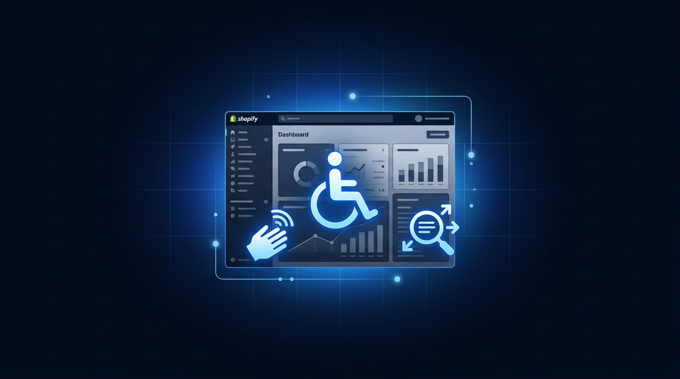 Shopify dashboard with accessibility icons overlay showing steps on how to make a Shopify store ADA compliant Shopify dashboard with accessibility icons overlay showing steps on how to make a Shopify store ADA compliant
