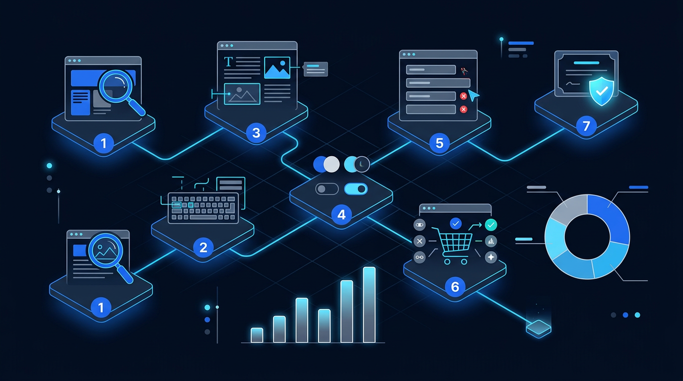Infographic of workflow steps and simple charts illustrating how to make a Shopify store ADA compliant Infographic of workflow steps and simple charts illustrating how to make a Shopify store ADA compliant