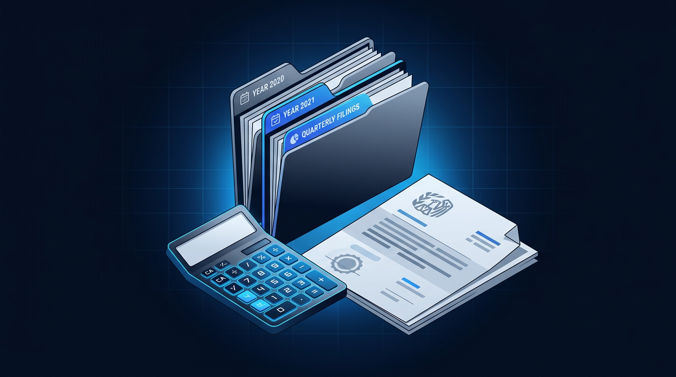 ERTC audit preparation workspace with organized documents, labeled folders, calculator, and IRS notice ERTC audit preparation workspace with organized documents, labeled folders, calculator, and IRS notice