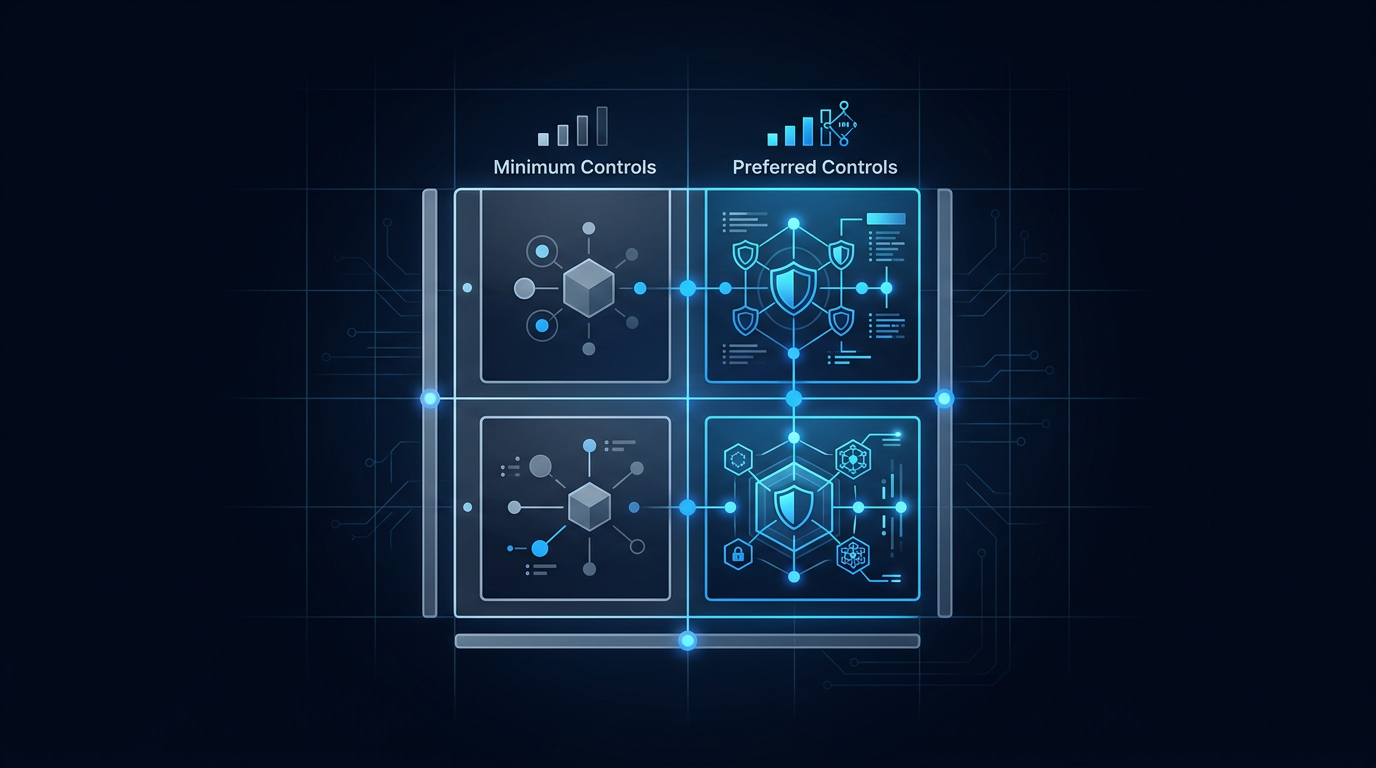 Insurer cybersecurity control tiers chart showing minimum versus preferred requirements in 2026