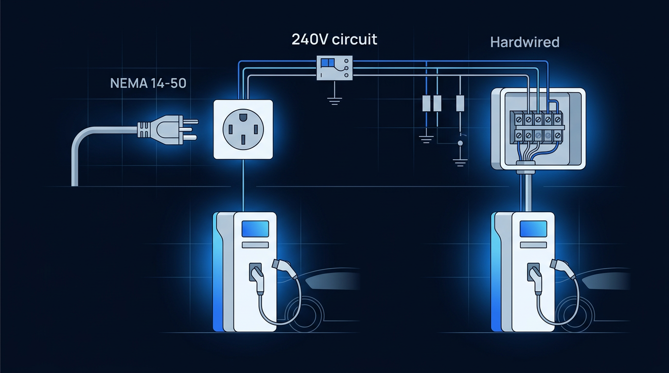 Diagram showing 240V circuit with NEMA 14-50 outlet versus hardwired Level 2 EV charger wiring options Diagram showing 240V circuit with NEMA 14-50 outlet versus hardwired Level 2 EV charger wiring options