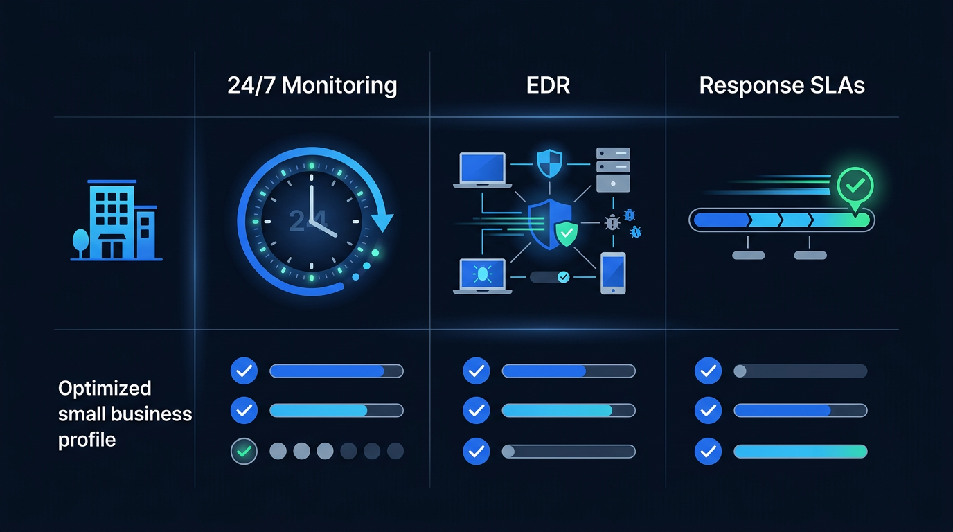 MDR vendor feature comparison for SMB highlighting 24/7 monitoring, EDR, and response SLAs MDR vendor feature comparison for SMB highlighting 24/7 monitoring, EDR, and response SLAs