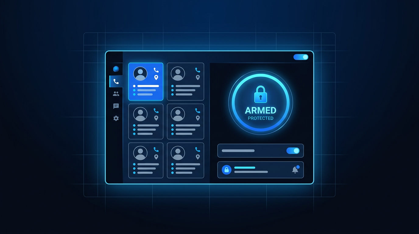 Mobile app linking medical alert with home security showing emergency contacts and arming status Mobile app linking medical alert with home security showing emergency contacts and arming status