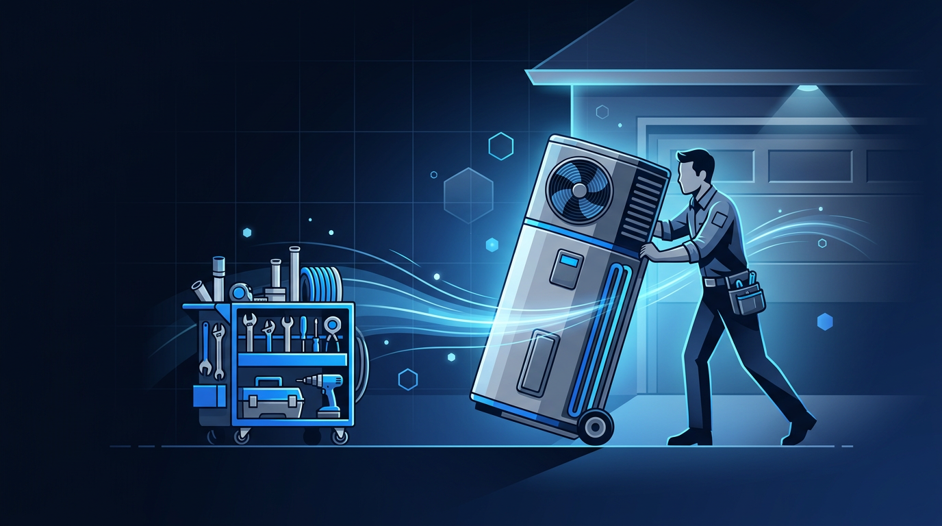 Same-day heat pump water heater installation crew arriving with unit and tools at a residential home Same-day heat pump water heater installation crew arriving with unit and tools at a residential home