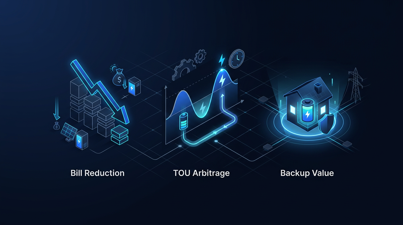 Savings Scenarios: Bill Reduction, TOU Arbitrage, and Backup Value — home battery storage with solar cost breakdown 2026