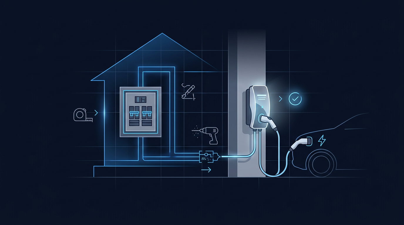 Step-by-step residential Level 2 EV charger installation process illustration Step-by-step residential Level 2 EV charger installation process illustration