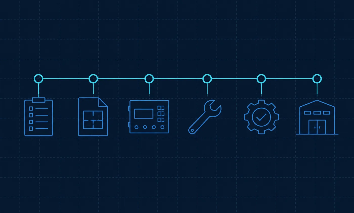 Horizontal roadmap with six milestones representing requirements gathering, a site survey, hardware selection, installation, configuration testing, and full rollout of an access control system