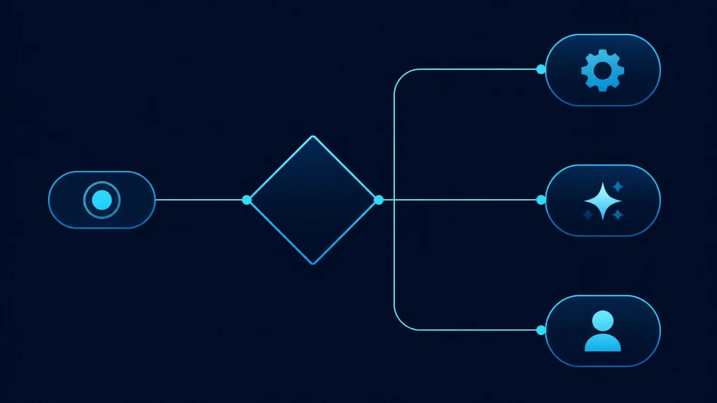 Decision flow diagram routing a business task to one of three outcomes: rule-based automation, AI-assisted work, or human handling.