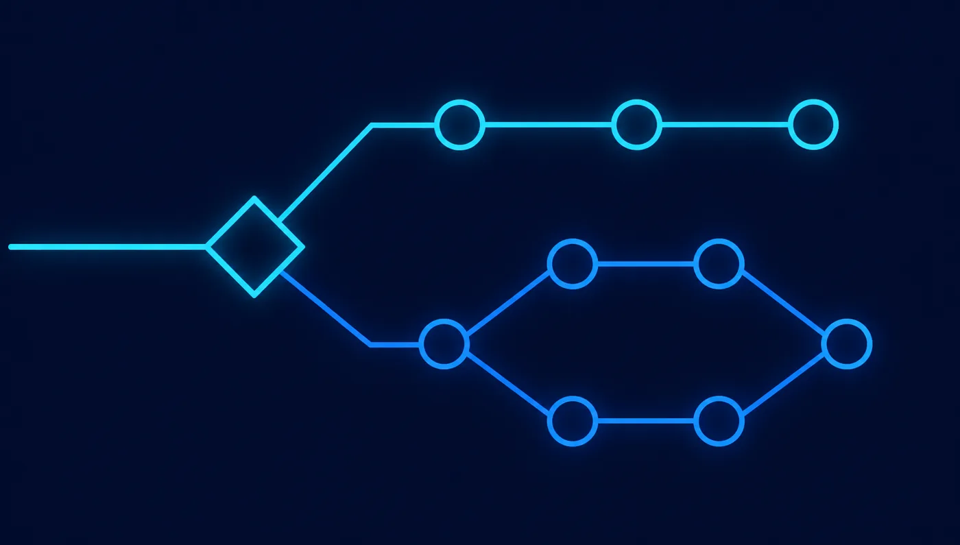 Decision diagram where one automation path reaches a decision point and splits into a simple linear route and a denser branching route.