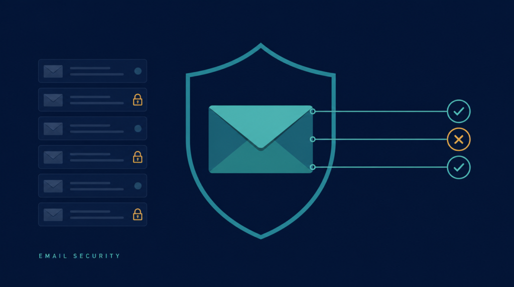 Editorial cover illustration for a small-business email security guide, showing a protected inbox with authentication checks and filtering layers in front of it
