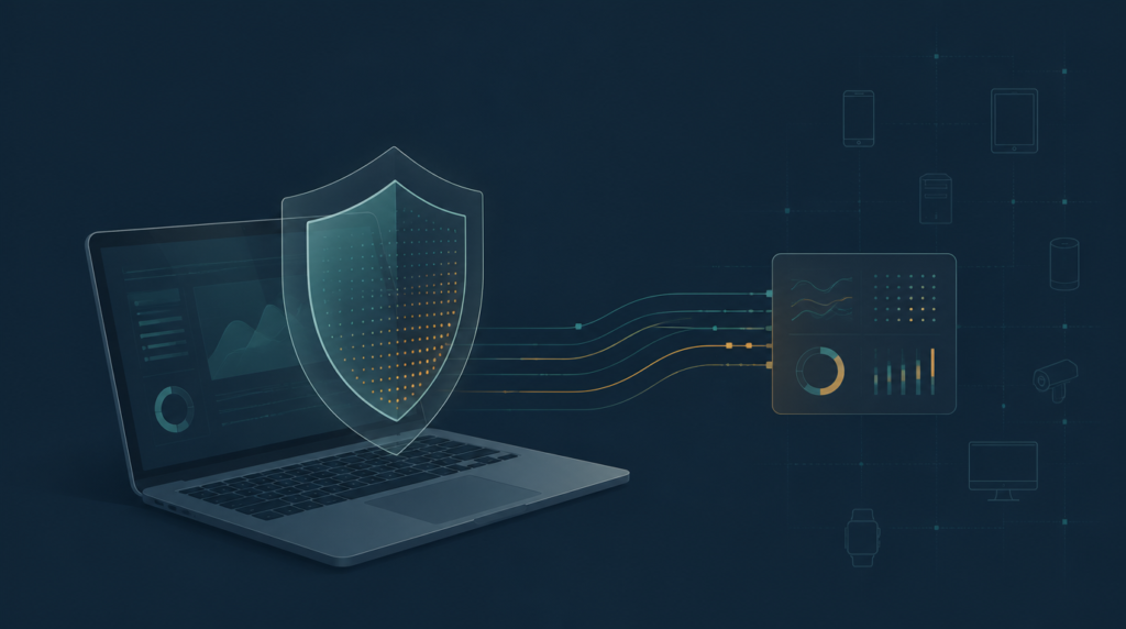 Editorial cover illustration for a small-business endpoint protection guide, showing a laptop behind a translucent shield with telemetry lines flowing to a management console panel