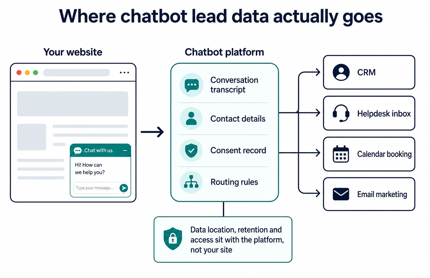 Architecture diagram showing a chat widget on your website sending the conversation transcript, contact details, consent record and routing rules into the chatbot platform, which in turn passes data onward to a CRM, a helpdesk inbox, calendar booking and email marketing, with a note that data location, retention and access sit with the platform rather than with your site