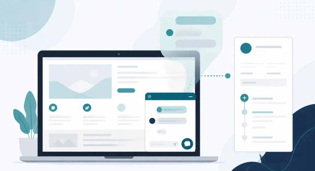 Editorial cover illustration for a guide to no-code website chatbots for lead generation, showing a laptop displaying a website page with an open chat widget, a conversation bubble rising from it and a contact record panel beside it