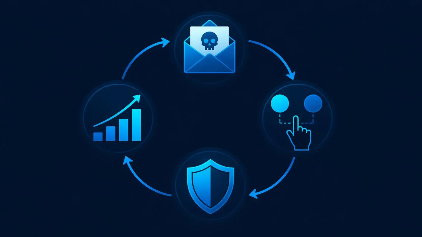 Continuous security awareness training loop: a simulated phishing email, the employee click decision, protective training, then measurement of improvement.