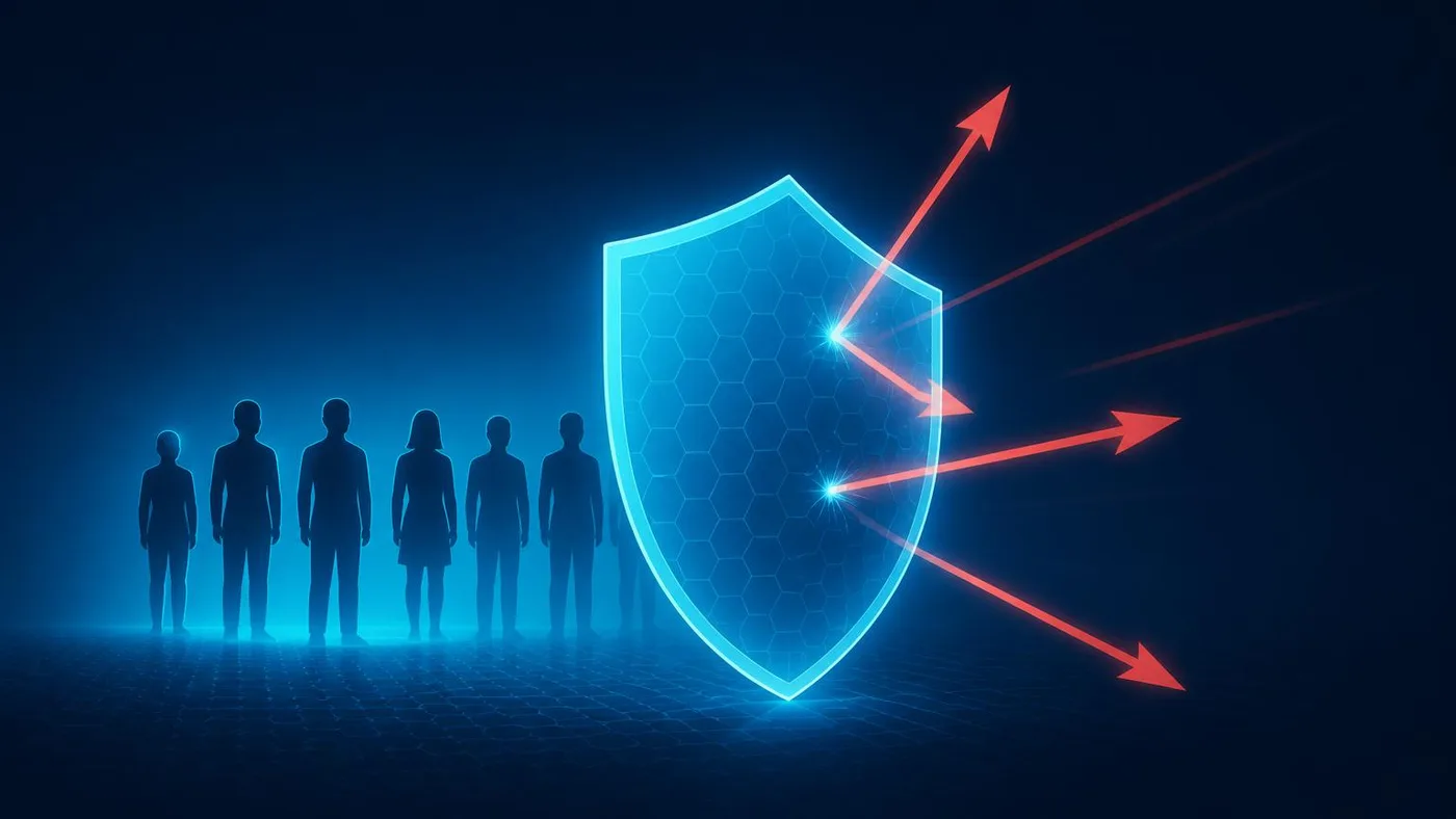 Concept illustration of trained employees standing behind a protective shield that deflects incoming phishing and social engineering attacks.