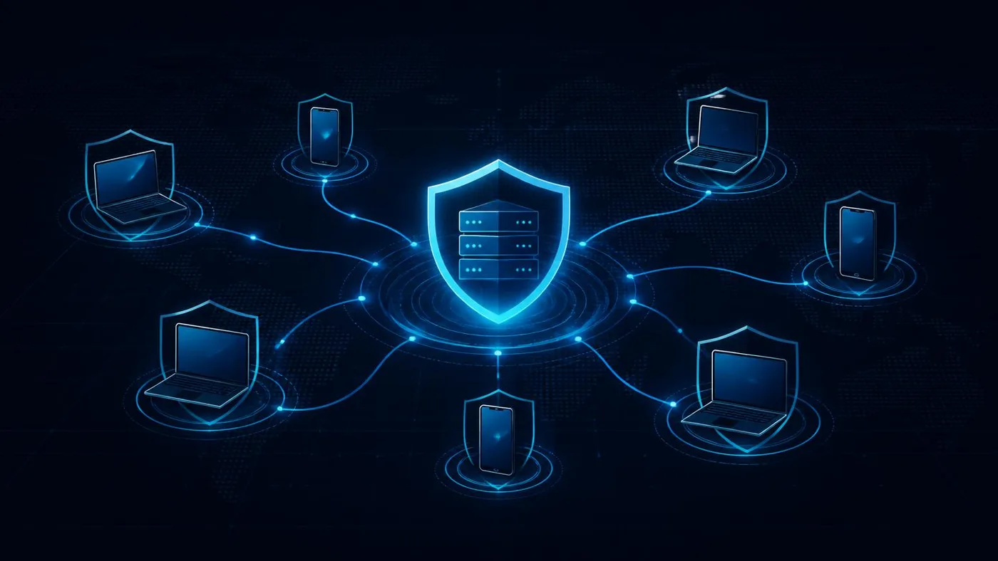 Distributed fleet of remote laptops and phones, each protected by an endpoint agent and reporting into a central management console.