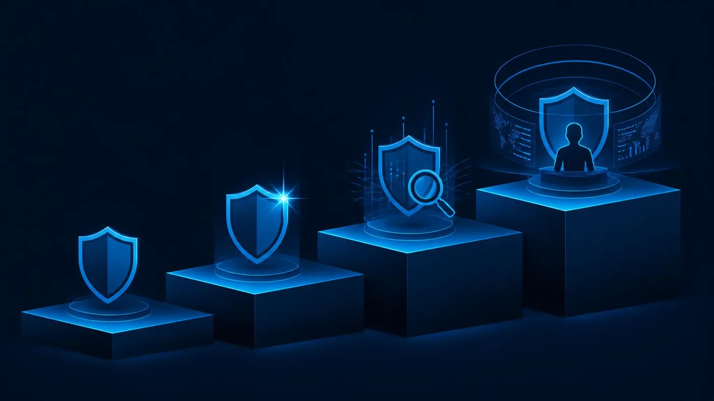 Escalating endpoint protection levels shown as four rising steps: antivirus, next-generation antivirus, endpoint detection and response, then managed detection and response with human analysts.