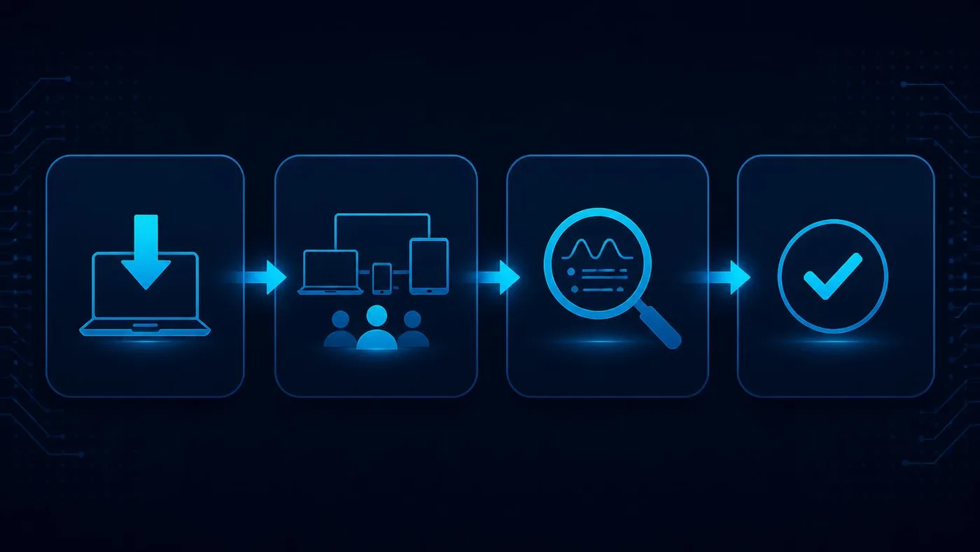 Four-phase endpoint security pilot: agent deployment, rollout to a pilot device group, review of detections and telemetry, then a go or no-go decision.
